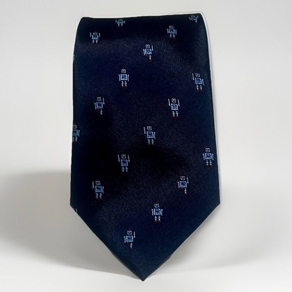 Van Heusen 100% Silk Robot Design Tie Blue Embroidered Novelty Business Casual - Picture 1 of 7